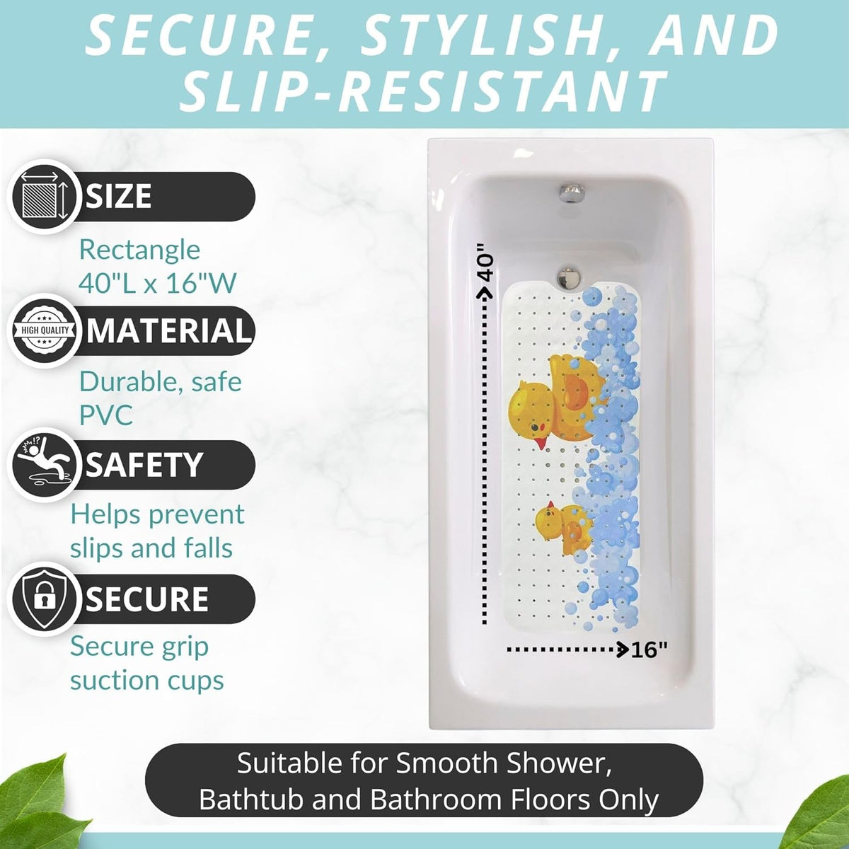 ENKOSI Kids Bath Mat 40x16 – Non-Slip Tub Bathmat Duck Print with Suction Cups & Drain Holes for Safe, Fun Bathtub Bath Time for Toddlers (40x16 Duck)