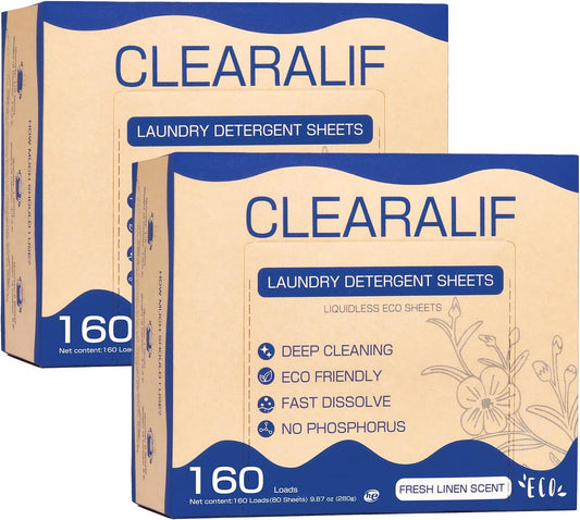 Laundry Detergent Sheets Up to 320 Loads, Fresh Linen - Great For Travel,Apartments, Dorms,CLEARALIF Laundry Detergent Strips Eco Friendly & Hypoallergenic (80 Sheets, Pack of 2)