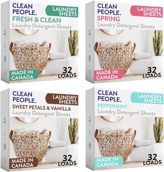 Clean People Laundry Detergent Sheets- Recyclable Packaging, Hypoallergenic, Stain Fighting, Works with All Machines including HE (128 Count, Variety Pack)