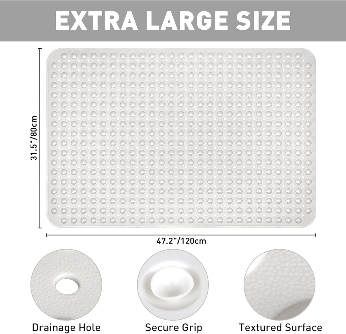Shower Mat Non Slip: 47.2 x 31.5 Inch Extra Large TPE Shower Mats for Inside Shower - Anti Slip Shower Stall Matt with Drain Hole and Suction Cups for Elderly