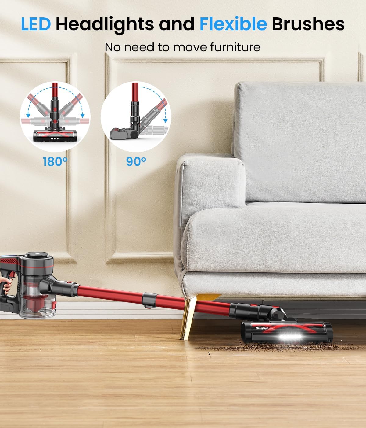 Cordless Vacuum Cleaner, Stick Vacuum with Powerful Suction, 45Mins Runtime Vacuum Cleaners for Home, Anti-tangle and 1.5L Dust Cup, 6 in 1 Lightweight Vacuum for Hardwood Floor Carpet Pet Hair