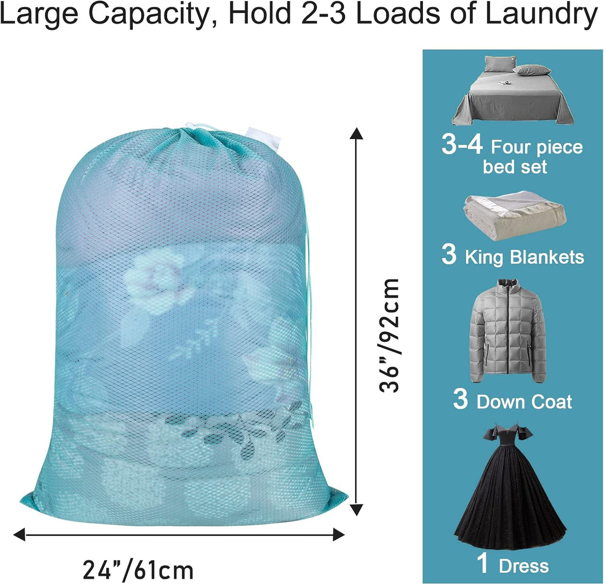 Polecasa Heavy Duty Large Mesh Laundry Bags with ID Tag and Locking Drawstring Closure - 2 Pack, 24 x 36 inches - Laundry Hamper Liner, Washable Laundry Bag for Travel, Sports, Dorms (Aqua)