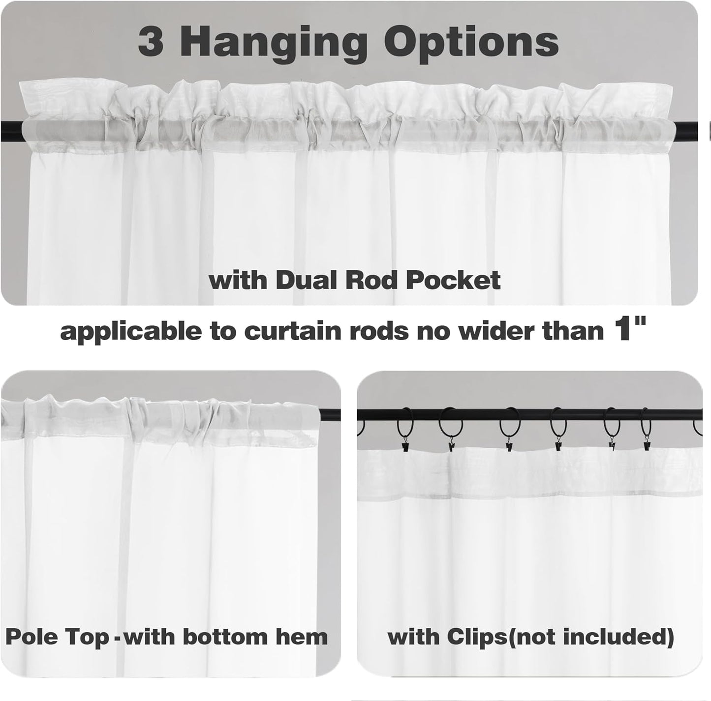 Chyhomenyc White Sheer Curtains 36 inch Length 2 Panels Set, Light Filtering Voile Rod Pocket Short Window Curtians for Bathroom Living Room Farmhouse Small Windows, Each 42Wx36L in, 2PCS, White
