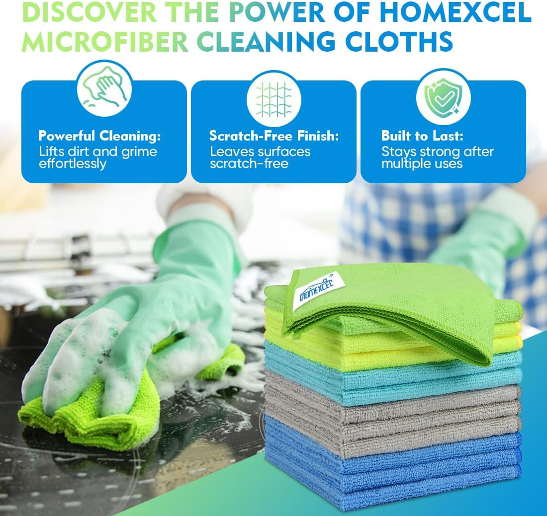 HOMEXCEL Microfiber Cleaning Cloth 12 Pack, 12.5 x 12.5 Inch Microfiber Towels for Cars, Ultra Absorbent Cleaning Rags, Lint Free Cleaning Towels for Household, Kitchen, Window, and Car, Multicolor