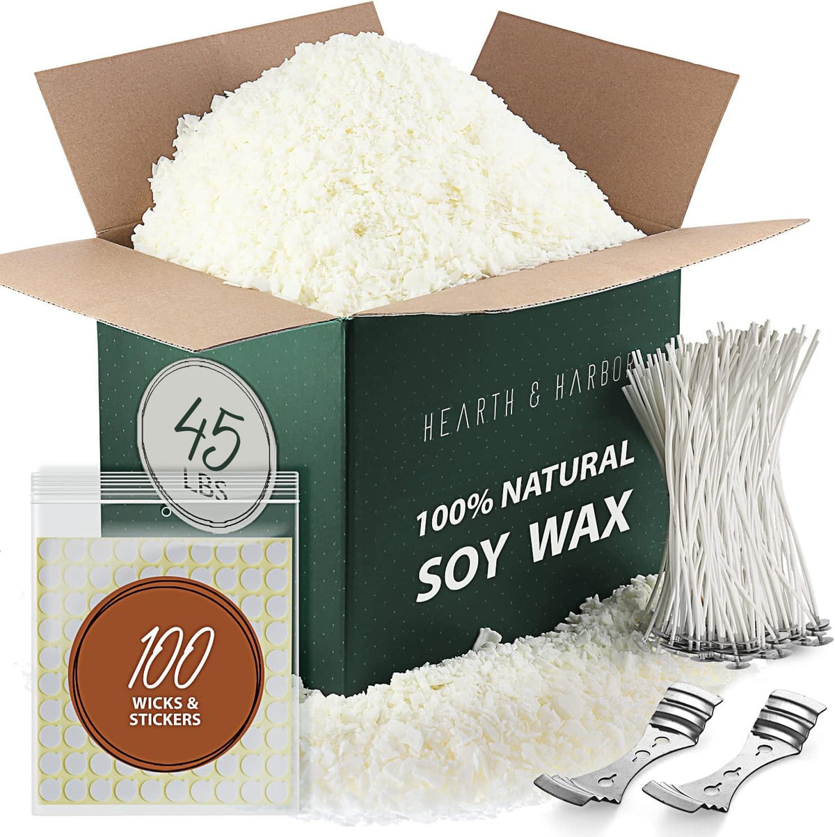 Hearth & Harbor Organic Soy Candle Wax for Candle Making, 45 lbs Natural Candles Making Supplies, Beeswax-Free, Paraffin-Free, Pure Soy Wax Flakes Perfect for Candles, Tealights and Melts