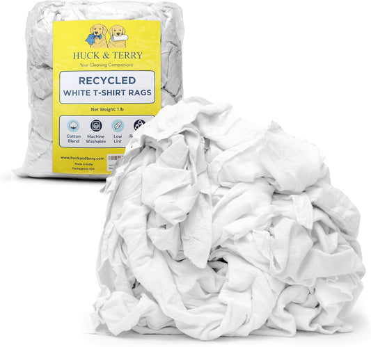 Huck & Terry White T-Shirt Bag of Rags (1 LB Bag), 100% Recycled Material, Cotton Blend Bar Mop, Reclaimed, Eco-Friendly Cloth, Cleaning & Painting Rags, Lint Free, Highly Absorbent