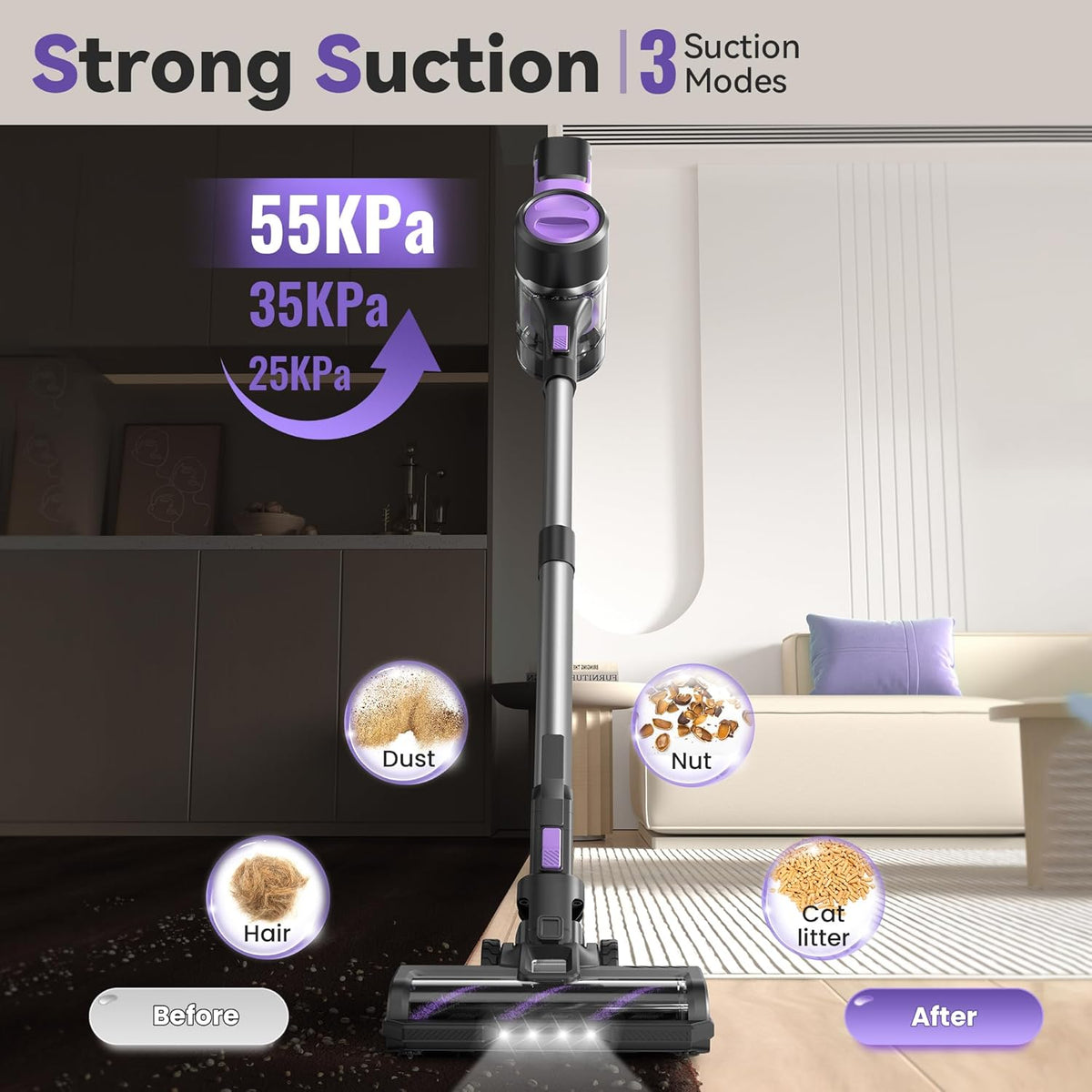 S10 Cordless Vacuum Cleaner, 55Kpa 60mins Lightweight Stick Vacuum with Powerful Suction for Home, Rechargeable, Self-Standing, Handheld Vacuum Cleaners for Hardwood Floors, Carpets, Pet Hair