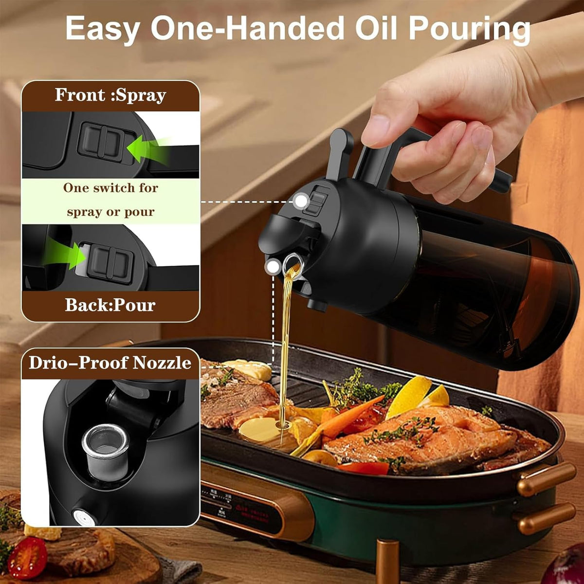 2-in-1 Glass Oil Dispenser & Sprayer - 16oz/470ml Leakproof Bottle for Cooking, Air Fryer, BBQ, Baking, Salad (Light-Blockage Black And Green)