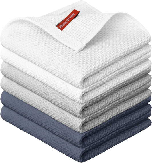 Artoid Mode 100% Cotton White Light Dark Grey Waffle Weave Kitchen Dish Cloths, 12x12 Inch Ultra Soft Absorbent Quick Drying Kitchen Dish Towels Set of 6, Multicolor