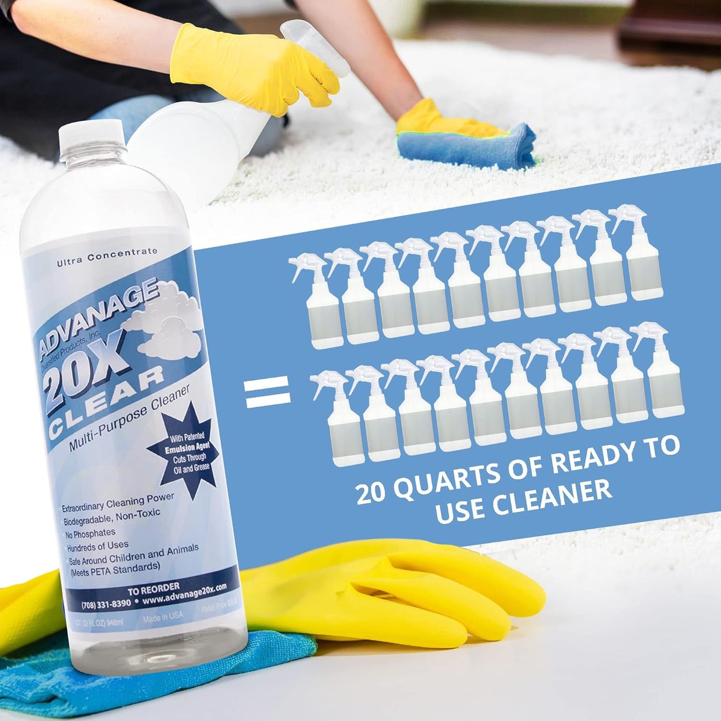 All Purpose Cleaner Concentrate - Advanage 20X The Wonder Cleaner Unscented for All Surfaces Around Bathroom, Kitchen, Oil and Grease | Multi Purpose Cleaner for Household Cleaning Solution | 32 Fl Oz