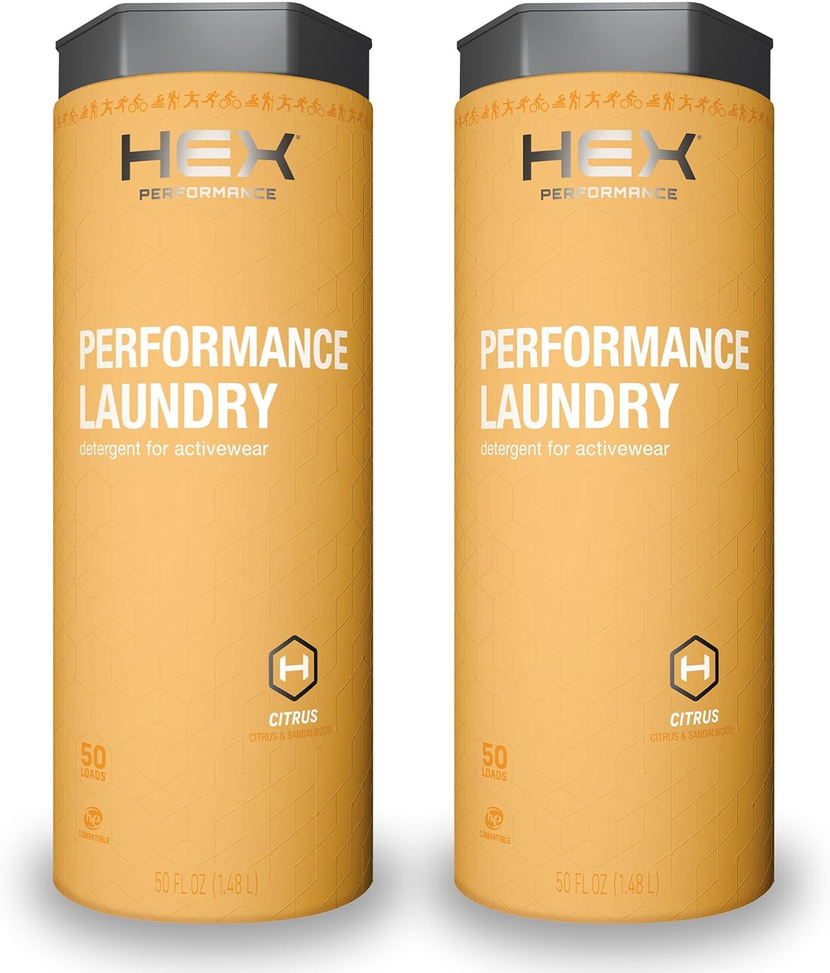 HEX Performance Laundry Detergent, Citrus, 100 Loads (Pack of 2) - Designed for Activewear, Eco-Friendly, Concentrated Formula