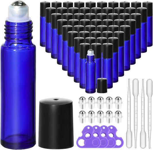 KEYWING 54 Pack Blue Essential Oil Roller Bottles – 10ml Glass Roll-On Bottles with Stainless Steel Roller Balls & Caps, Refillable Perfume Containers for Travel & DIY