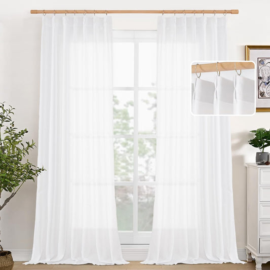 YoungsTex White Linen Semi Sheer Curtains 108 Inch Length 2 Panels, Light Filtering Window Drapes Extro Long for Living Room Bedroom, 40 X 108 Inch