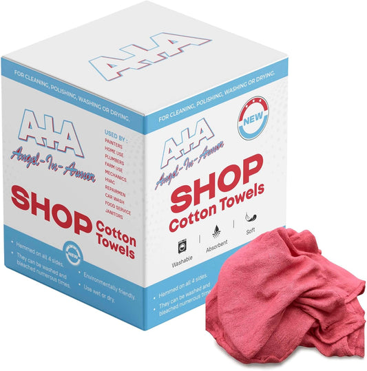 Angel-in-Armor Red Shop Towels (14”x14”) – 500 Unit Box of Lint-Free Cotton Shop Towel Cleaning Rags – Durable Shop Rags for Auto, Garage, Industrial, and Commercial Use