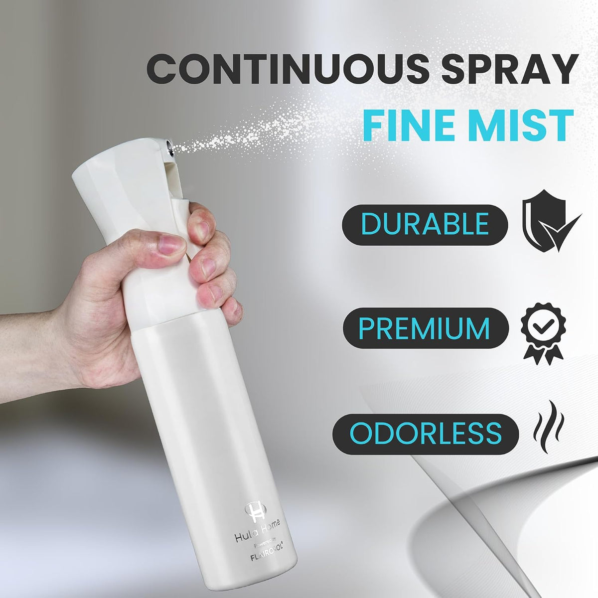 Hula Home Spray Bottle for Hair (10.1oz/300ml) - Powered by Flairosol® Spray Technology - Continuous Ultra Fine Mist Sprayer – For Hairstyling, Cleaning, Salons, Plants, Essential Oil - All White