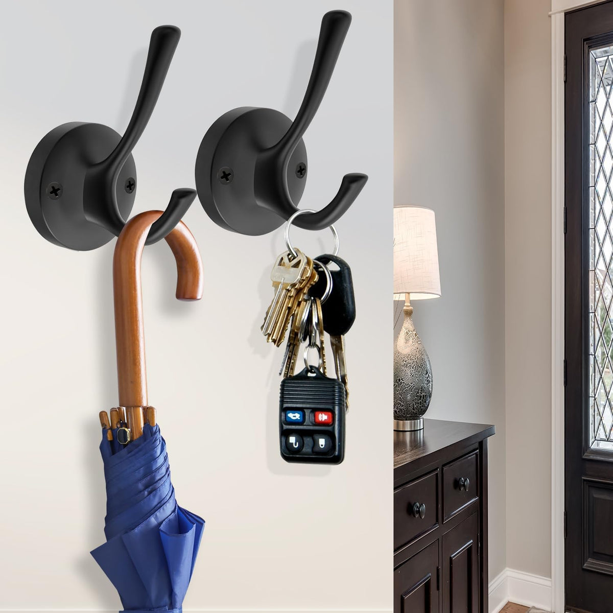 Black Wall Hooks Towel Hooks, 3 Pack Coat Hooks Robe Hook Heavy Duty Metal Double Bath Hook Wall Mounted, Hand Towel Hooks for Entryway Bathroom Kitchen Closet Garage