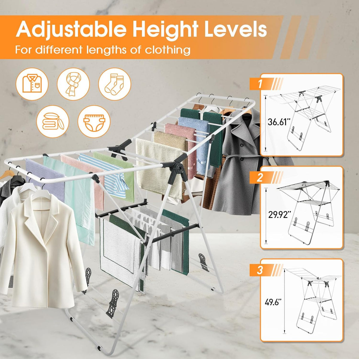 Clothes Drying Rack Foldable, Metal Laundry Drying Rack, with Height-Adjustable Wings, Space Saving, Indoor Outdoor Use, White Free-Standing Airer