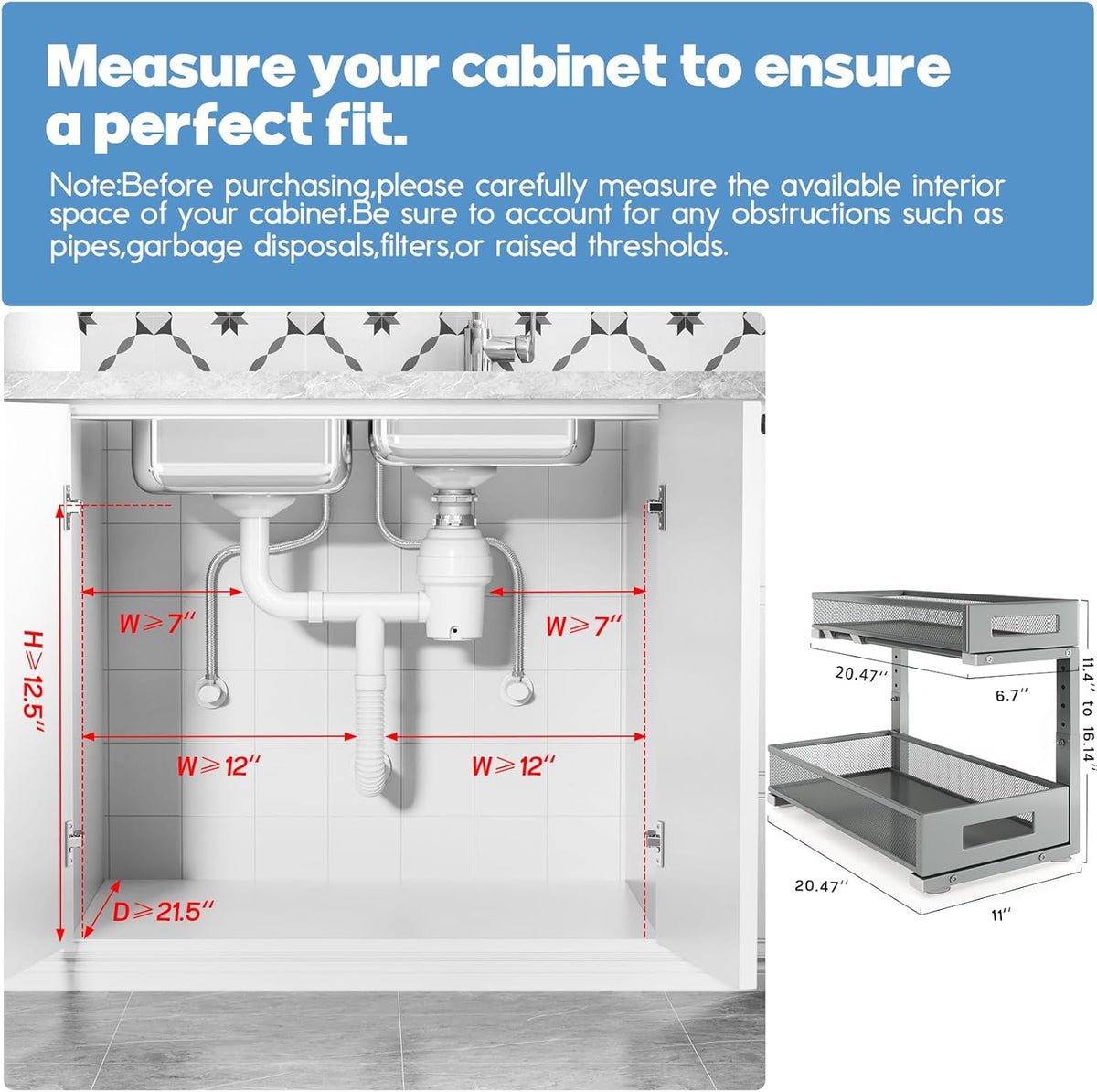 1 Pack 20.47IN Depth Under Sink Storage Organizer, Large 2-Tier Elegant Mesh Pull Out Shelf for Kitchen and Bathroom Cabinet Organization, L-Shaped and Adjustable Height Design-Gun Gray