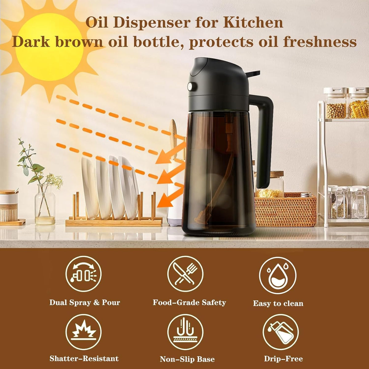 2-in-1 Glass Oil Dispenser & Sprayer - 16oz/470ml Leakproof Bottle for Cooking, Air Fryer, BBQ, Baking, Salad (Light-Blockage Black And Green)
