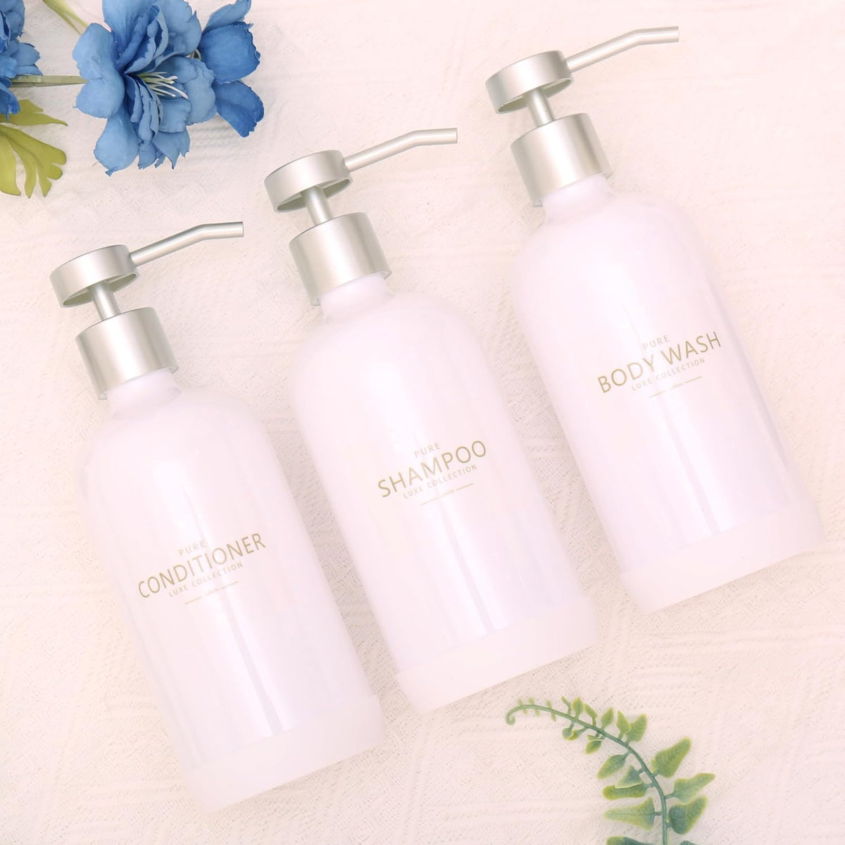 Shampoo and Conditioner Dispenser Set of 3,Refillable 21oz Shampoo Bottles with Non-Slip Protective Silicone Pad,Shower Soap Dispenser with Waterproof Labels for Bathroom (White)