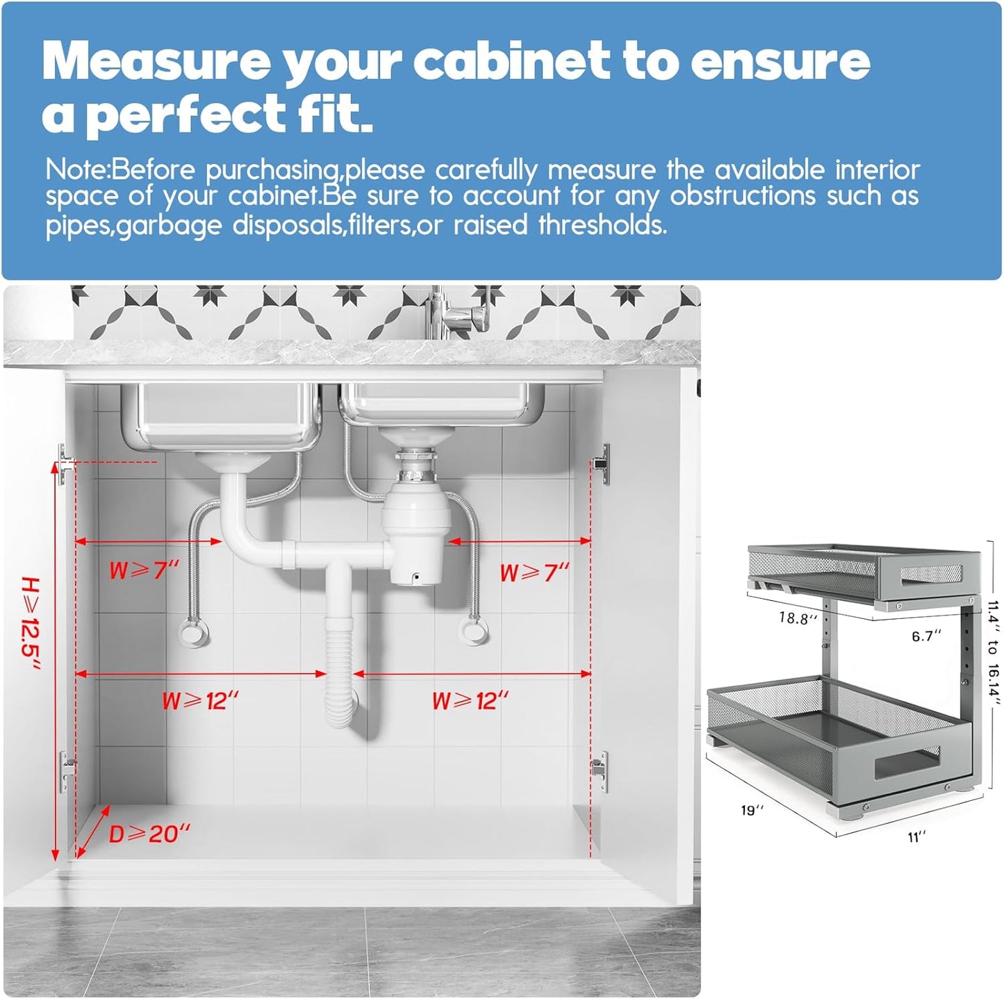 2 Pack 19IN Depth Under Sink Storage Organizer, Large 2-Tier Elegant Mesh Pull Out Shelf for Kitchen and Bathroom Cabinet Organization, L-Shaped and Adjustable Height Design-Gun Gray