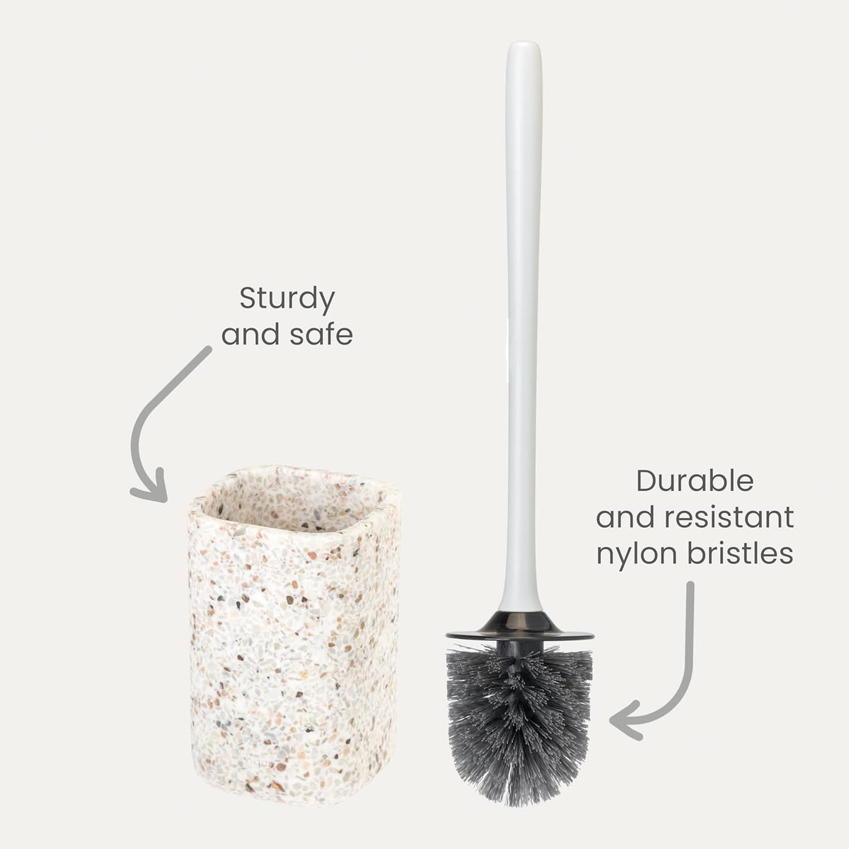 Vigar Zense Toilet Brush and Holder Set, Toilet Bowl Brush with Polyresin Stone Holder, Bathroom Sets for Bathroom Decor and Accessories, Terrazzo