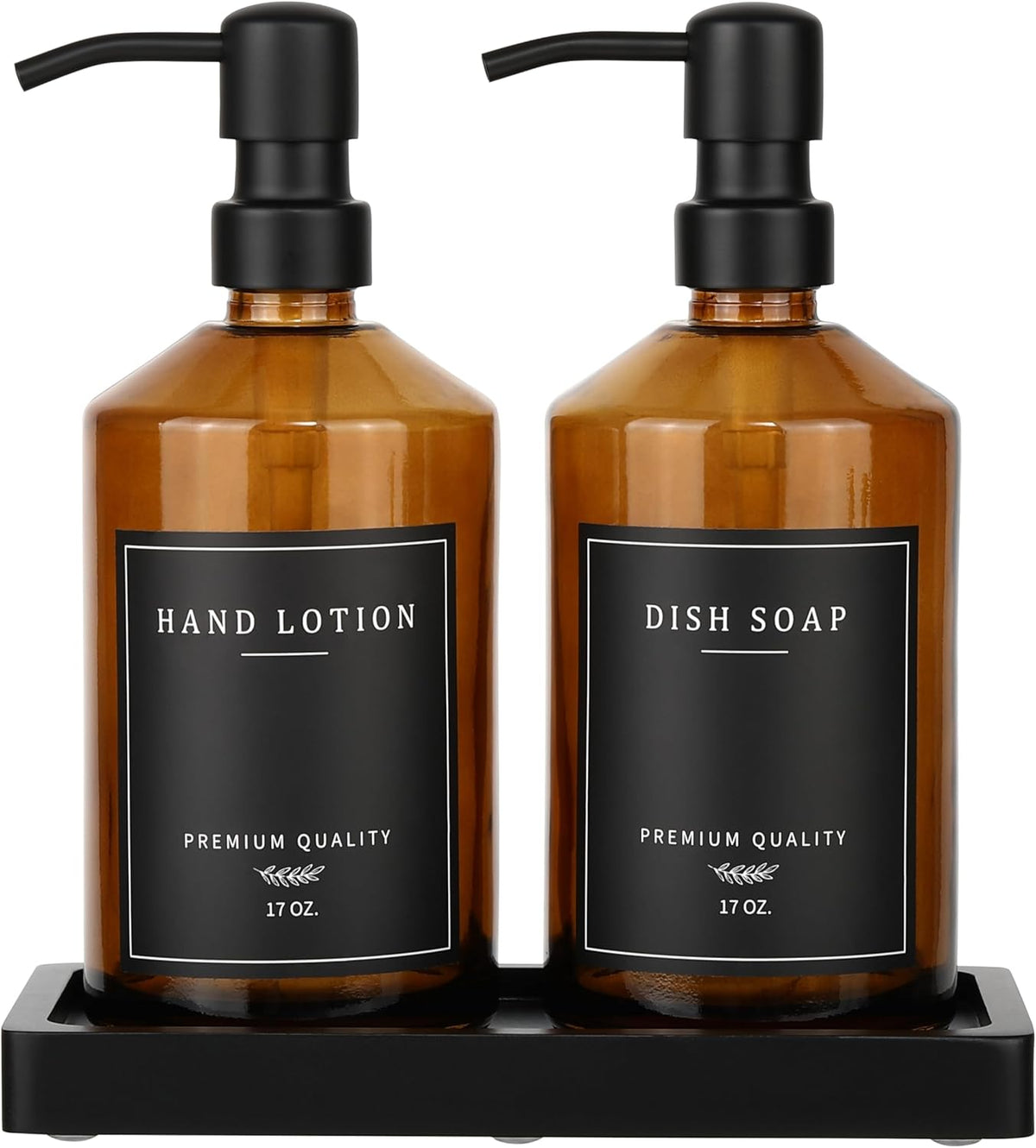Amber Glass Soap Dispenser, Bathroom Hand Soap Dispensers with Stainless Pump, 17 Oz Kitchen Hand and Dish Soap Dispenser Set, Modern Liquid Soap Lotion Dispenser (Amber Bottle/Black Pump)