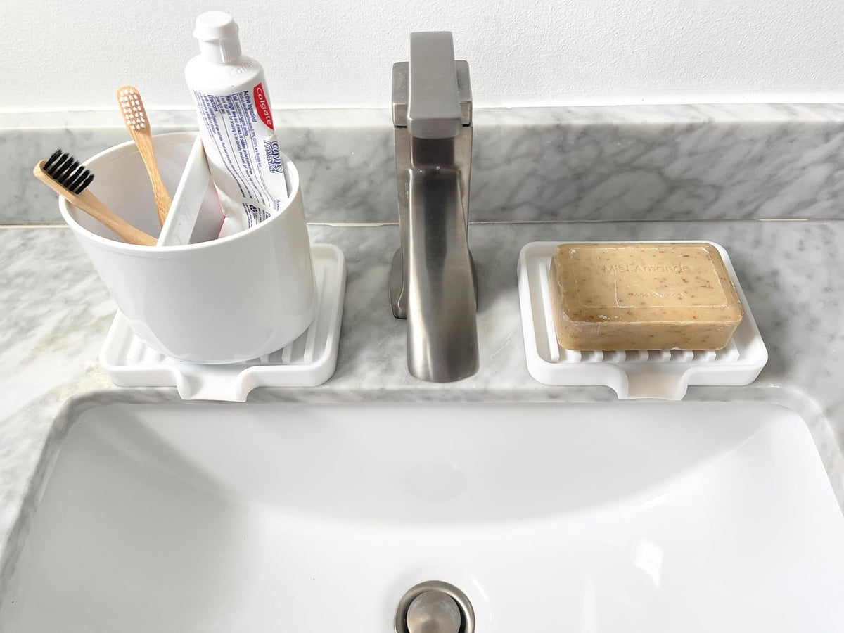 Happitasa Silicone Soap Dish Tray and Sponge Holder with Drain Chute, Pack of 2 | Bathroom and Kitchen Sink Organizer Caddy (White, 5.2"x4", 7.2 Ounces)