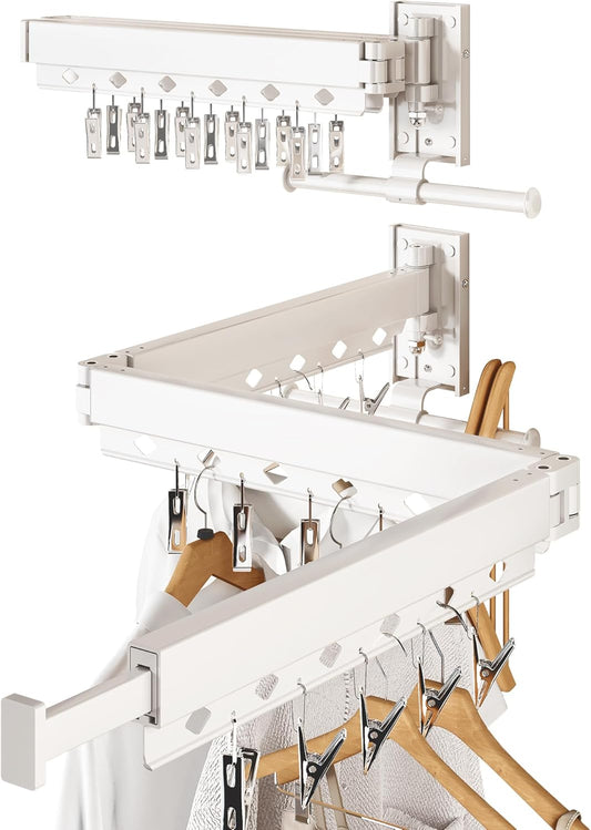 Wall Mounted Collapsible Clothes Drying Rack, Durable Space-Saving Laundry Drying Rack Clothing Hanger, Upgraded with Clips and Windproof Holes