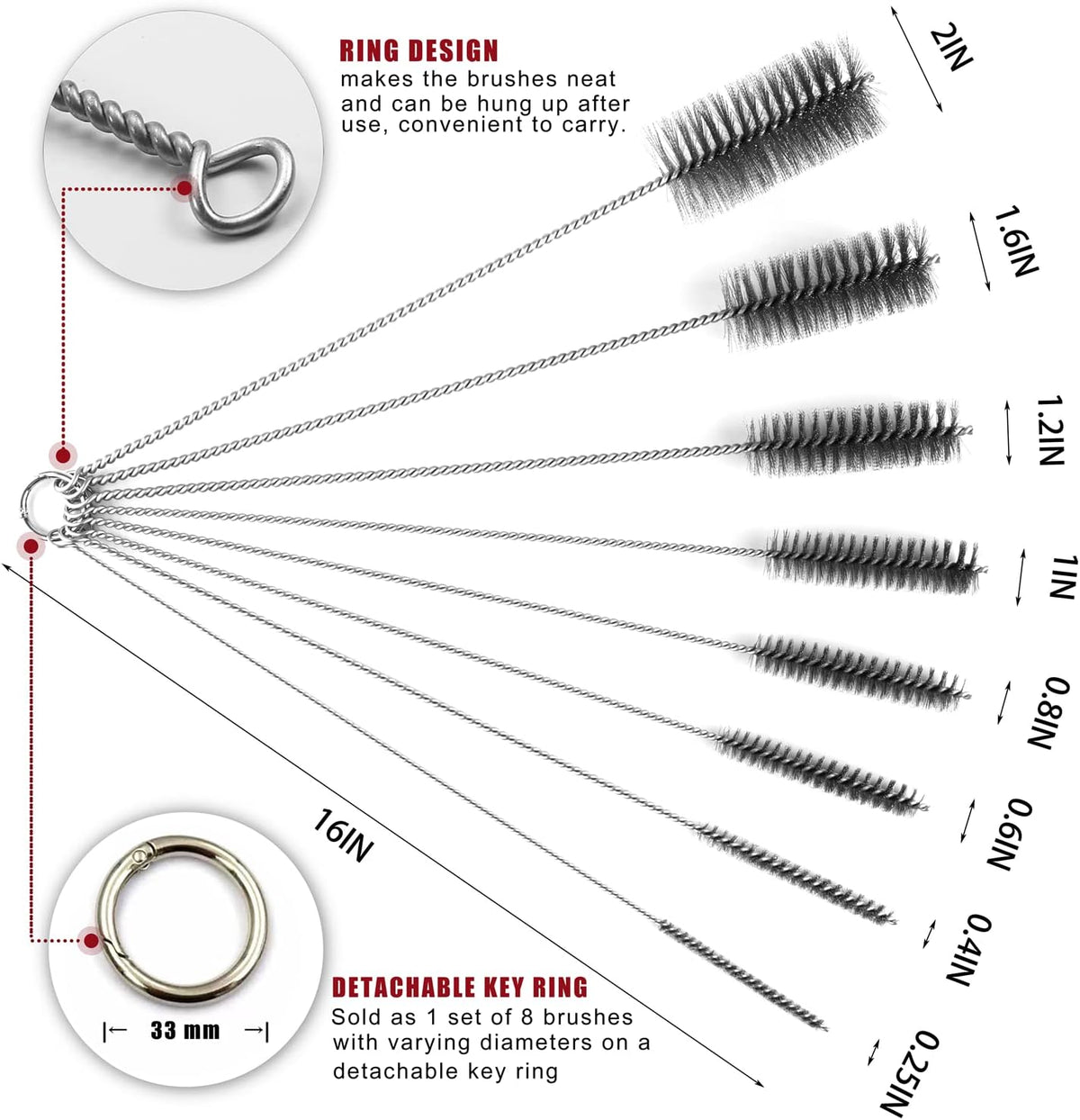 16 Inch Extra Long Pipe Cleaning Brush Set Stainless Steel Bristles, Stainless Steel Pipe Brush Steel Bottle Brush 8 Piece Variety Pack for Auto Parts, Bottles,Tubes, Etc.