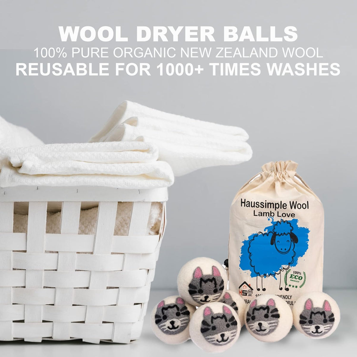 Wool Dryer Balls Organic Felt 6 Pack Laundry Fabric Softener, Extra Large Reusable Handmade Natural Sheep Wool Lint Wrinkle Free Anti Static Baby Safe (Cat)