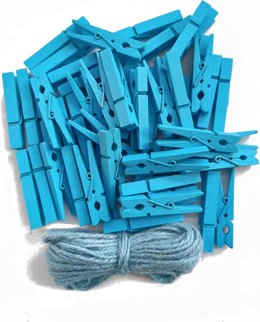 1.9" Wooden Clothespins Hanging Clothes Pins Clip Photo Holder DIY Gift Festive Party Decor with Bright Blue Jute Twine Pack 50