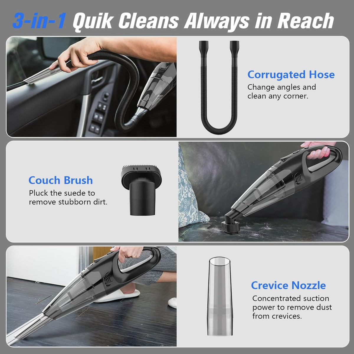 Handheld Vacuum Cordless Rechargeable 3-in-1, Car Vacuum Portable Cordless with USB Charge, Hand Vacuum with LED Light, HEPA Filter, 1.65LBs Lightweight Vacuum Cleaner for Dust, Pet Hair
