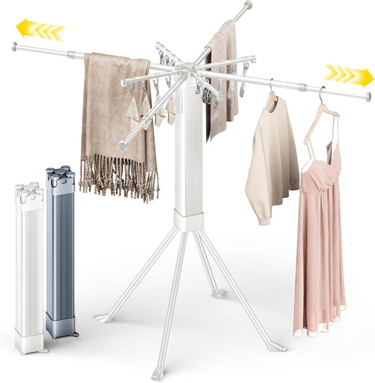BIREN Clothes Drying Rack Foldable Extending Laundry Rack with 16 Clips Collapsible Clothing Rack Space-Saving Clothing Racks for Hanging Clothes, Indoor, Camping, Balcony, Outdoor