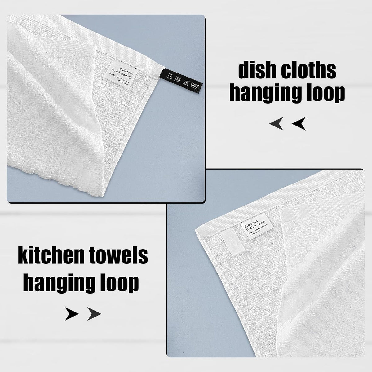 Fintale 100% Cotton Kitchen Towels and Dishcloths Set, 12 x 12 & 15 x 25 Inches, Set of 8 Bulk Super Soft and Absorbent Terry Cloth Dish Towels, Quick Drying Hand Towels with Hanging Loop, White