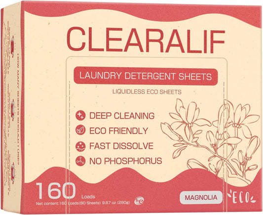 Laundry Detergent Sheets Up to 160 Loads, Magnolia - Great For Travel,Apartments, Dorms,CLEARALIF Laundry Detergent Strips Eco Friendly & Hypoallergenic - 80 Sheets