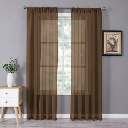 Tollpiz Sheer Curtains Bedroom Linen Textured Curtain Sheers Light Filtering Voile Rod Pocket Curtains for Living Room, 38 x 84 inches Long, Brown, Set of 2 Panels