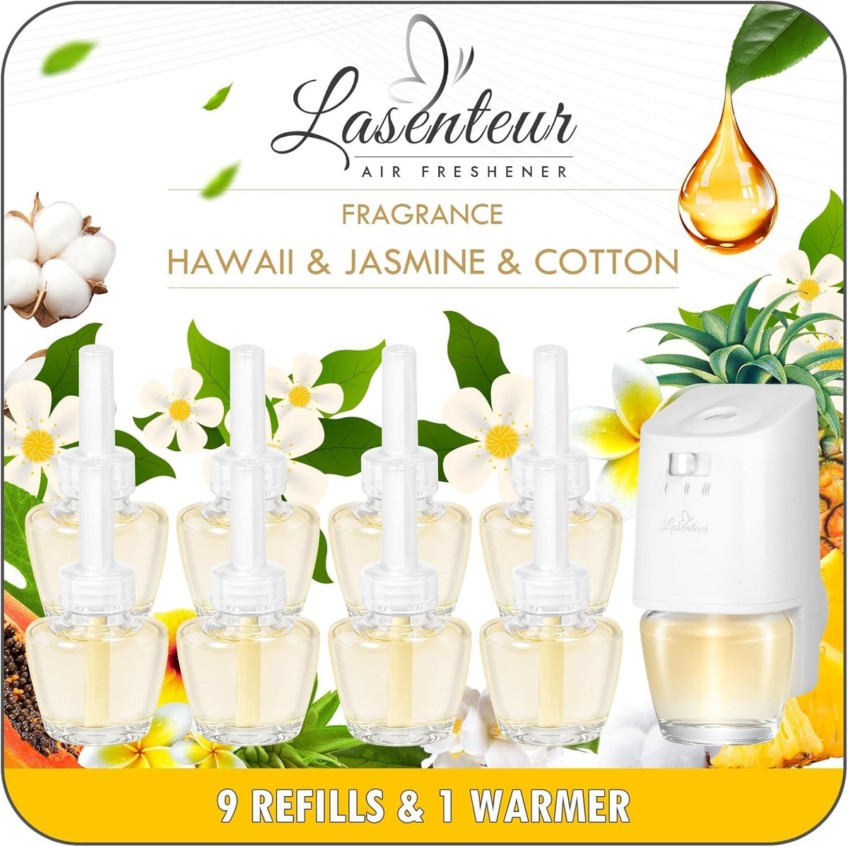 Plug-in Air Freshener Starter Kit, 1 Warmer and 9 Essential Oil Refills, Hawaiian, Jasmine, Cotton Scents for Home, Bathroom and Office, Compatible with Air Wick,Compatible with Glade