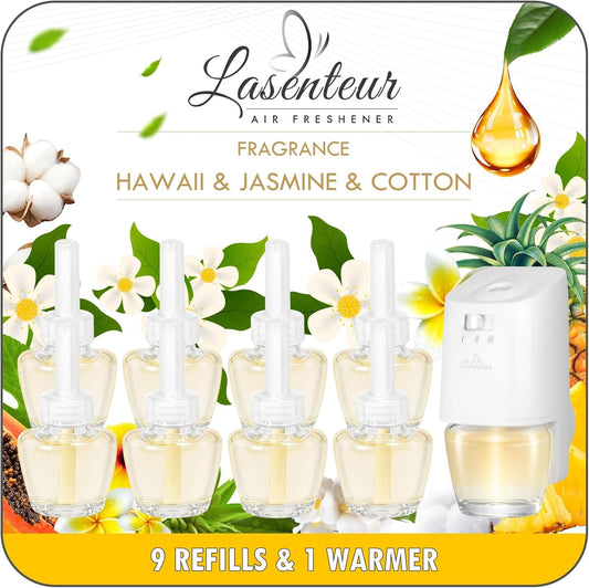 Plug-in Air Freshener Starter Kit, 1 Warmer and 9 Essential Oil Refills, Hawaiian, Jasmine, Cotton Scents for Home, Bathroom and Office, Compatible with Air Wick,Compatible with Glade