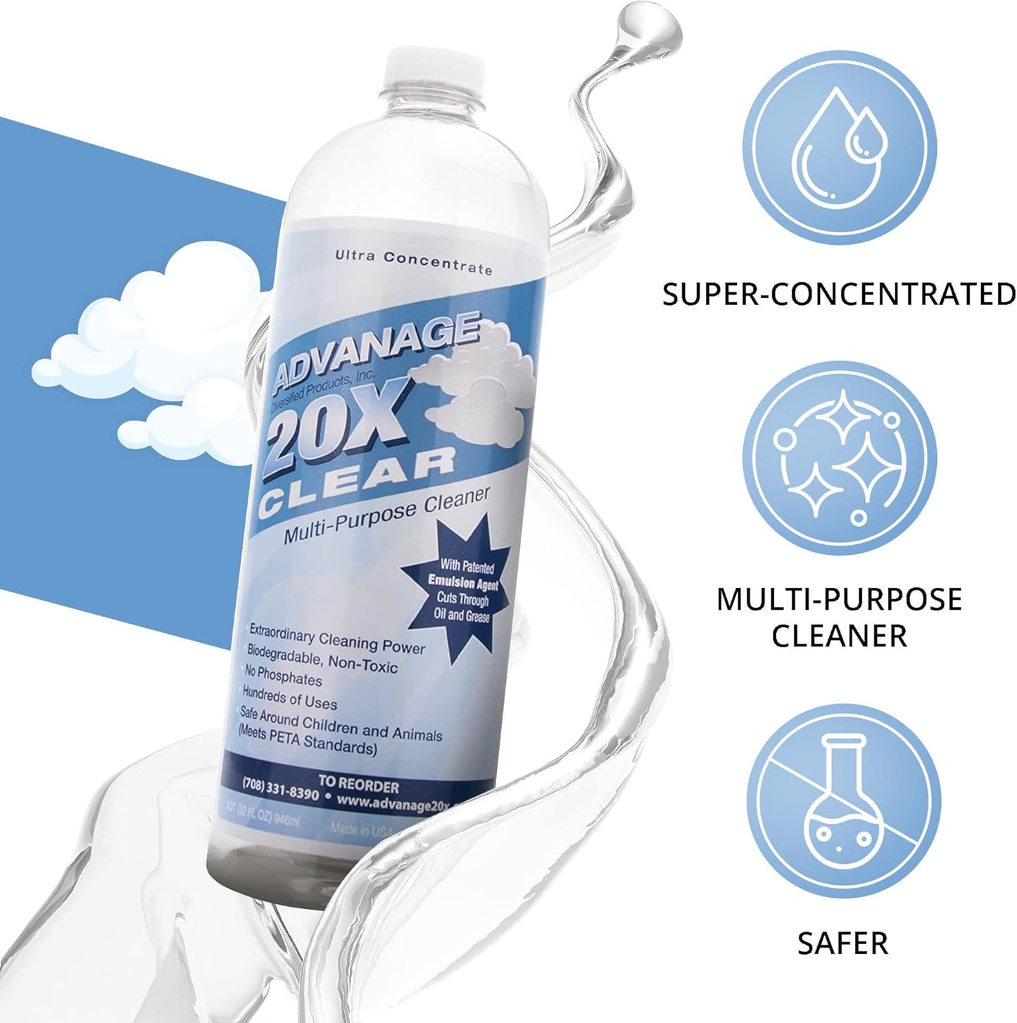 All Purpose Cleaner Concentrate - Advanage 20X The Wonder Cleaner Unscented for All Surfaces Around Bathroom, Kitchen, Oil and Grease | Multi Purpose Cleaner for Household Cleaning Solution | 32 Fl Oz