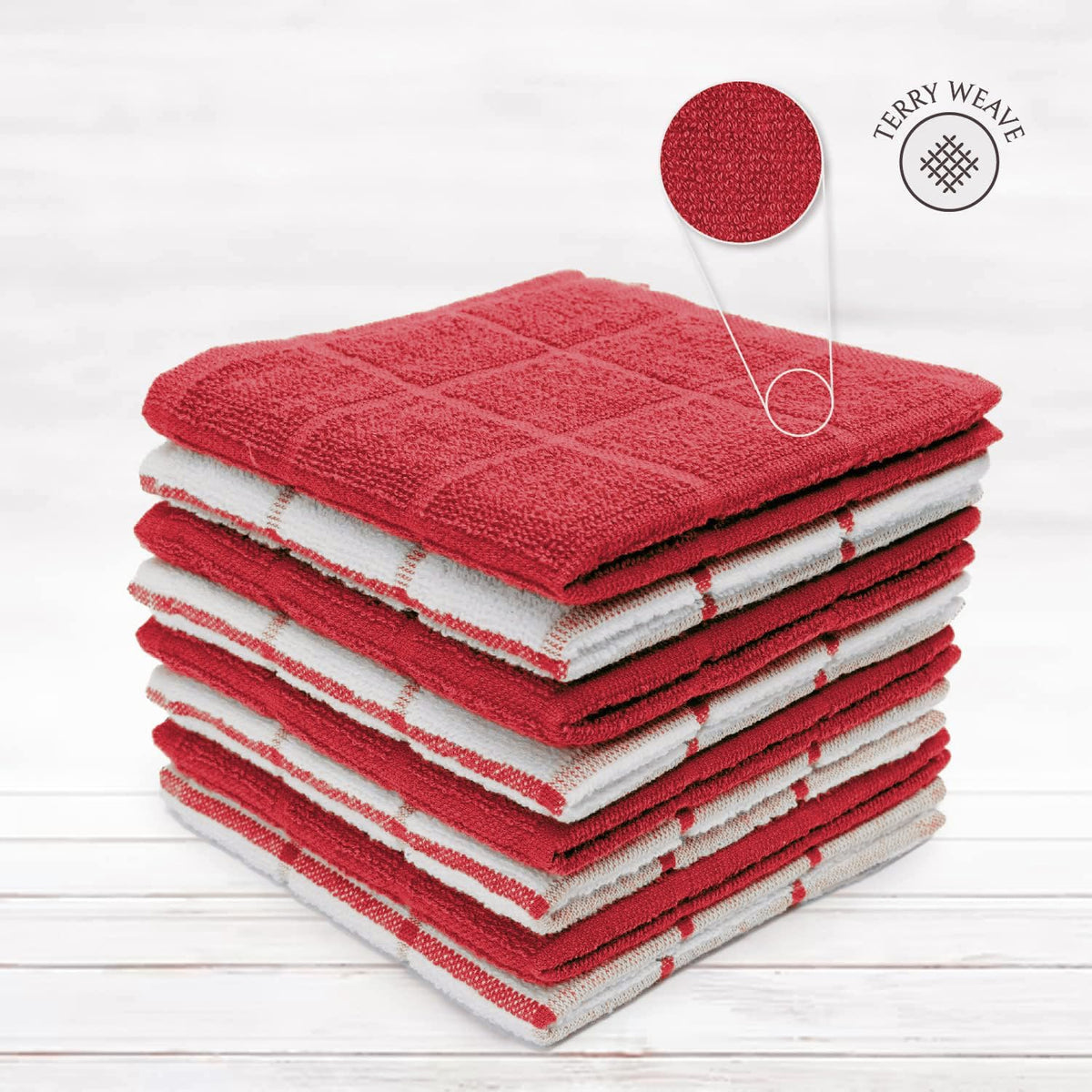 100% Cotton Terry Dish Cloth & Dish Towel, 6 Pack, Super Soft and Absorbent Kitchen Towels, Perfect for Kitchen Cleaning and Dish Washing (RED (Solid and Checks) 8 Pack)