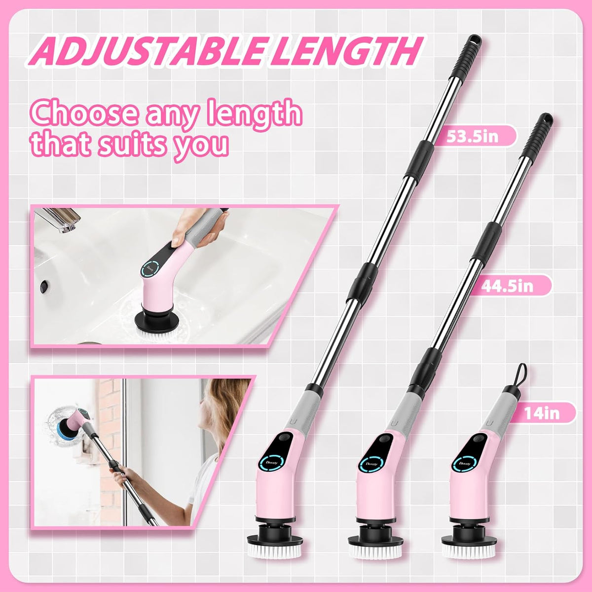 Electric Spin Scrubber, Cordless Cleaning Brush, Shower Scrubber with 8 Replaceable Brush Head, Power Cleaning Brush with Extension Handle, 2 Adjustable Speed, for Bathtub Tile Floor (Pink)