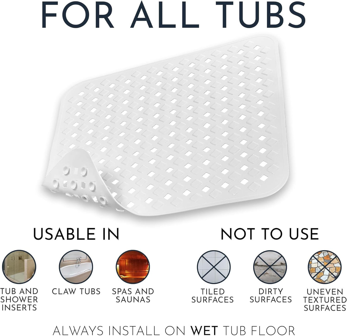 Homerella Anti Slip Shower Mat | Anti Mold Non Slip Bathtub Mat for Inside Shower | Square Floor Shower Mat 21 x 21 inch with Suction Cups for Grip & Hooks Hanging and Quick Drying | Machine Washable