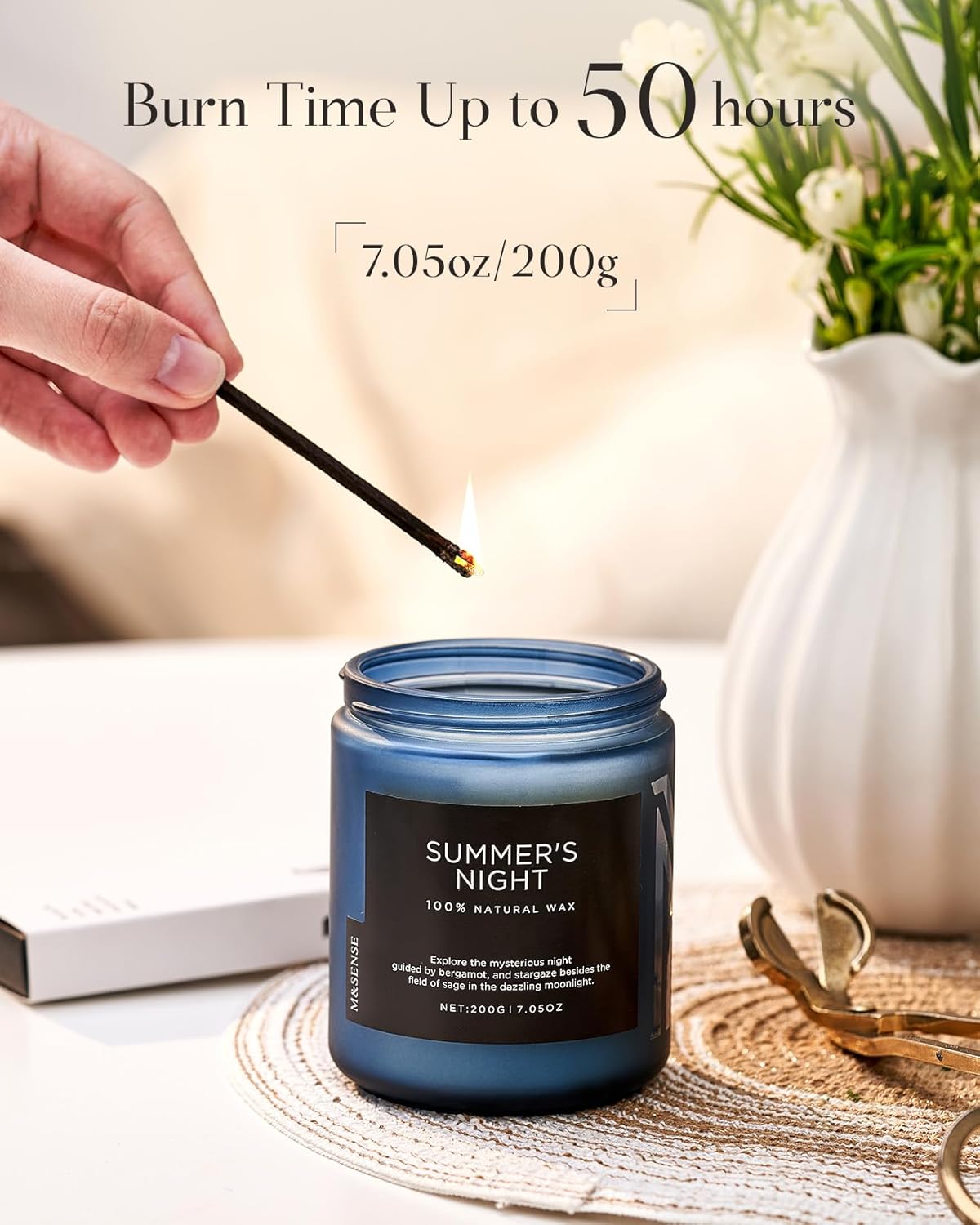 M&SENSE Summer's Night Scented Candle, All Natural Soy Wax Clean Non Toxic Manly Candle for Home, 7.05oz Up to 50 Hours Burn Time in Glass Jar for Bedroom