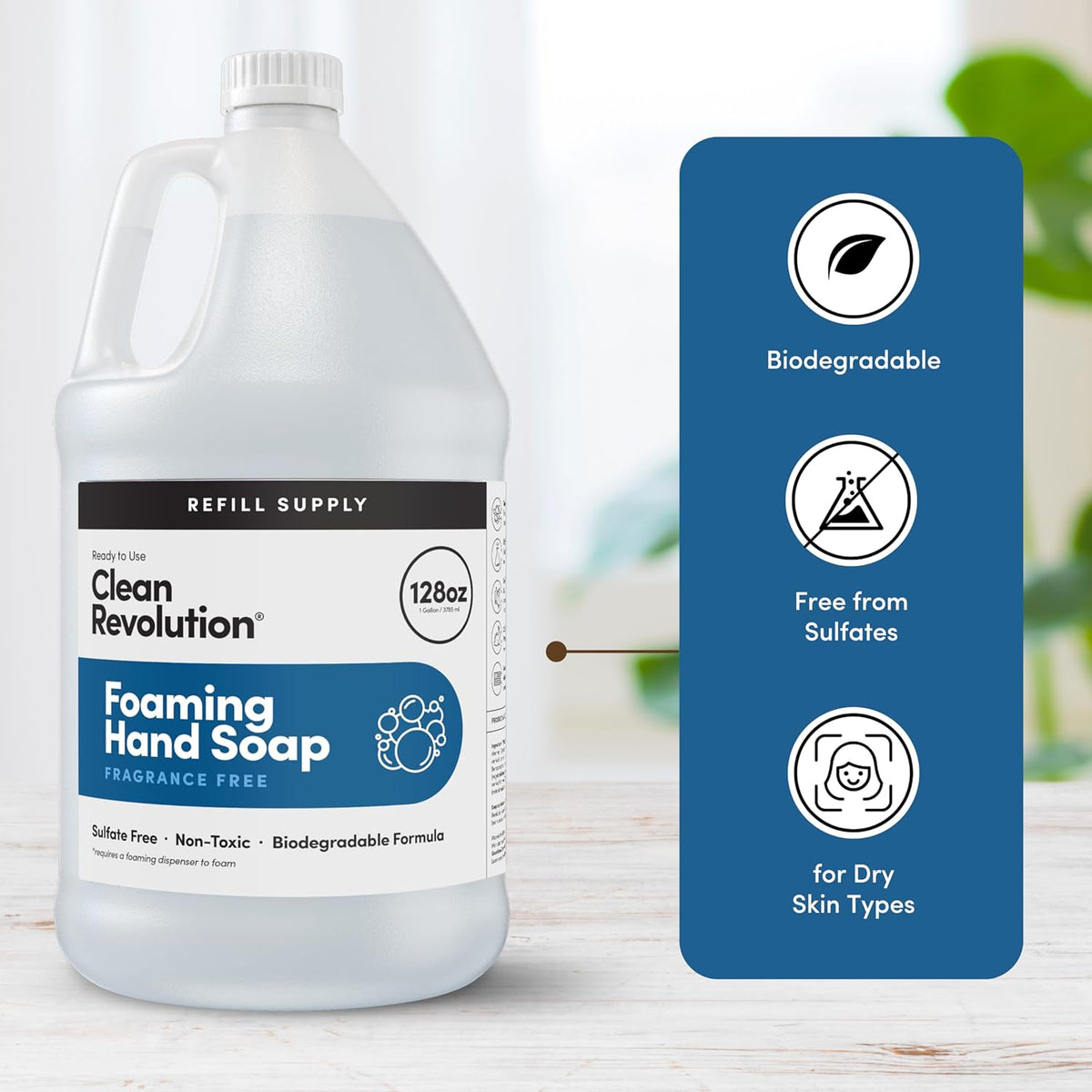 Clean Revolution Foaming Hand Soap Refill Supply, Gentle, Moisturizing & Eco-Friendly, Ready to Use Formula, Gluten Free, Unscented, Fragrance Free, 128 Fl Oz