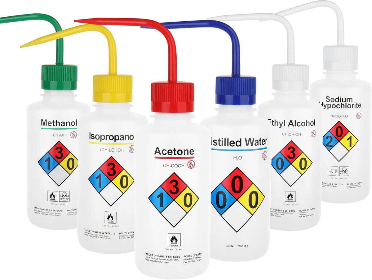 Safety Wash Bottles, Vol.500ml, 6PCS of Lab Rinse Squeeze Bottles, Printed Acetone, Ethyl Alcohol, Methanol, Isopropanol, Distilled Water, Sodium Hypochloride, LDPE Material, IN-WBS001