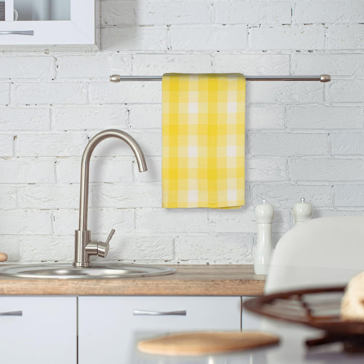 Kitchen Towels Set of 6 Soft Premium Cotton Highly Absorbent Dish Towels 20X30 Inches, Washable & Reusable Tea Towel, Quick Drying Dish Cloths for Cleaning Dishes - Yellow/White, Checks
