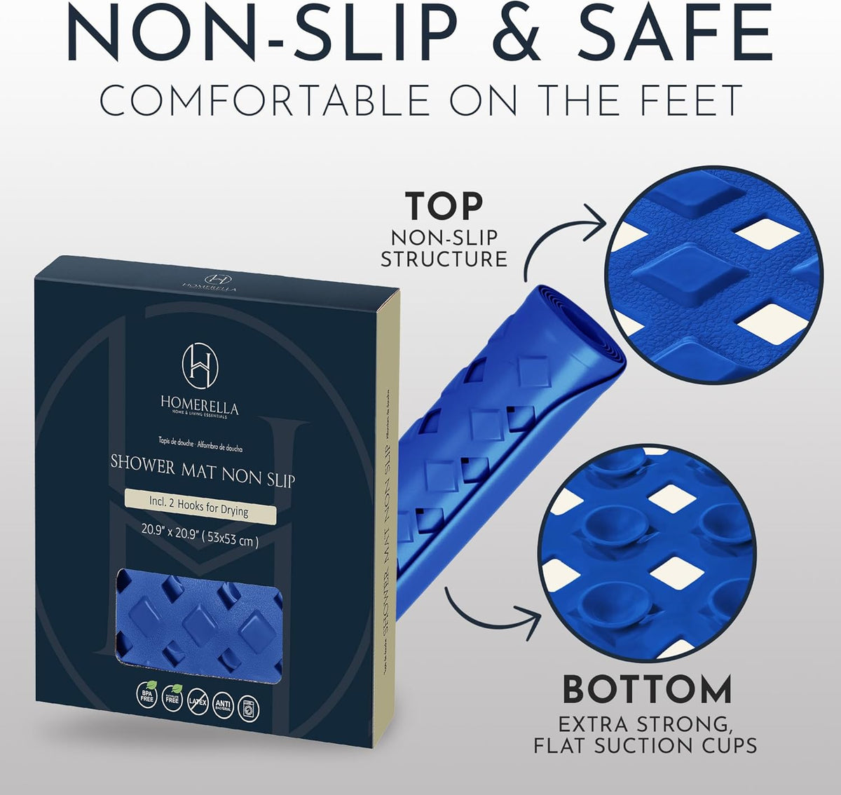 Homerella Anti Slip Shower Mat | Anti Mold Non Slip Bathtub Mat for Inside Shower | Square Floor Shower Mat 21 x 21 inch with Suction Cups for Grip & Hooks Hanging and Quick Drying | Machine Washable
