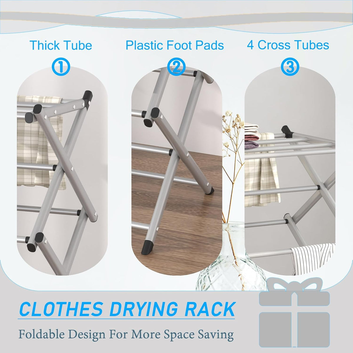 Household Indoor Folding Clothes Drying Rack, Dry Laundry and Hang Clothes,Towel Rack (Silver Gray) for Storage