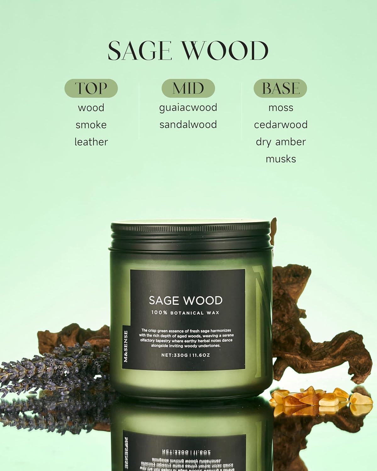 M&SENSE Sage Wood Scented Candle, 11.6oz 70 Hours Long Lasting Clean Non Toxic All Natural Soy Wax Candle for Relaxing & Stress Relief, 2 Wick Home Fragrance Gifts for Home Decor